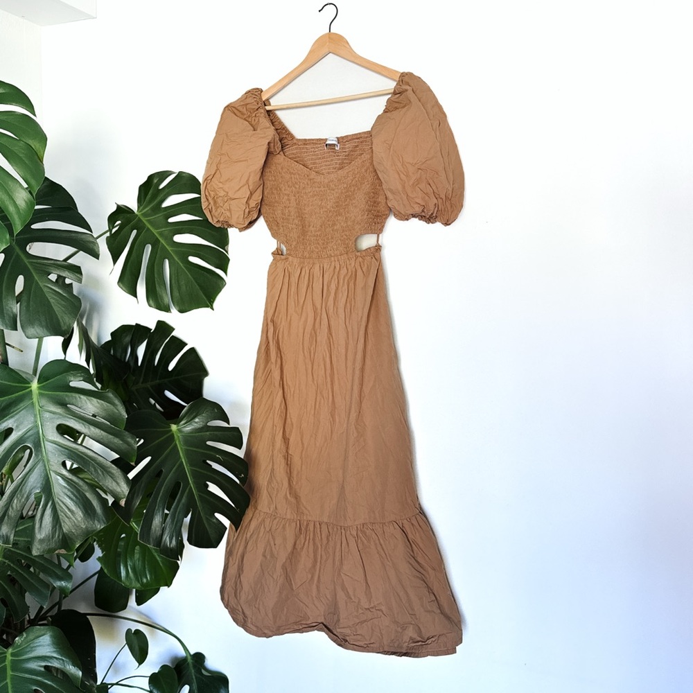 Anthropologie Faithfull the Brand Bloom Smock Midi Dress Hazelnut - Size 10/XL - Picture 6 of 11